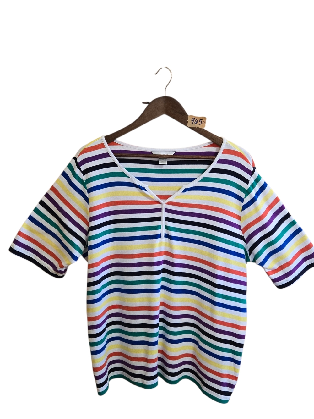 CJ Banks Multicolor Striped V-Neck Short Sleeve Top